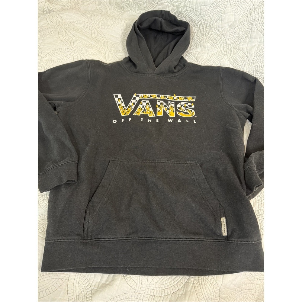 Vans 'Off The Wall' black hoodie Yellow Flame Classic Checkered logo‎ Youth Sz L